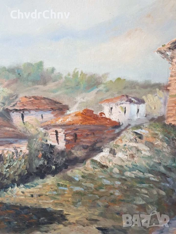 150х89см/стара голяма картина масло върху платно/испанско село-каменни къщи/барокова дървена рамка, снимка 3 - Картини - 50978446