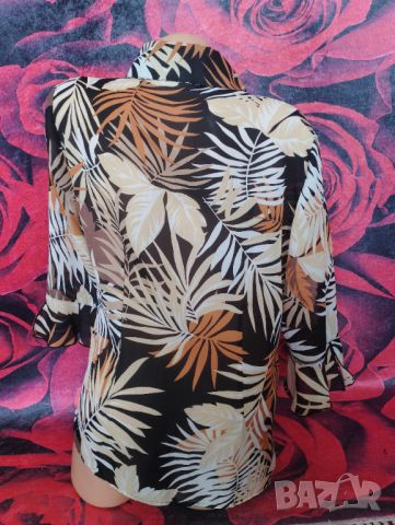 Черна риза на кафяви и бежово листа с къдрави ръкави от шифон Л, снимка 2 - Ризи - 46406247