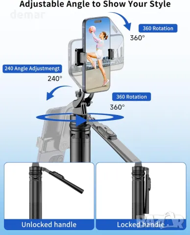 STLIAN 70" статив за телефон, 3 в 1 многофункционален селфи стик с безжично дистанционно, снимка 5 - Селфи стикове, аксесоари - 48432143
