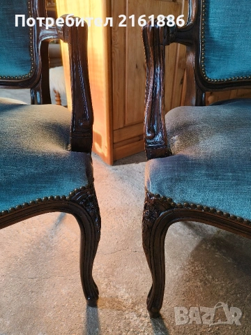 Дъбово кресло с дърворезба и плюшена дамаска , снимка 4 - Дивани и мека мебел - 53118174