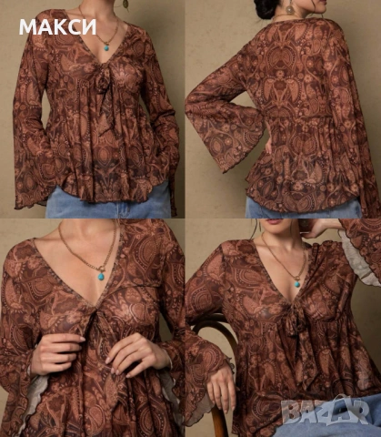 Макси еластична прозрачна блуза с клоширани ръкави и секси V-образно дълбоко деколте+ ефектна пандел