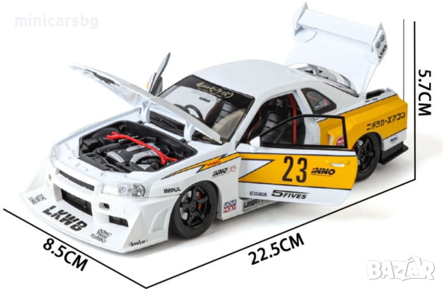 Метални колички: Nissan Skyline GT-R R34 LBWK, снимка 4 - Колекции - 53978815