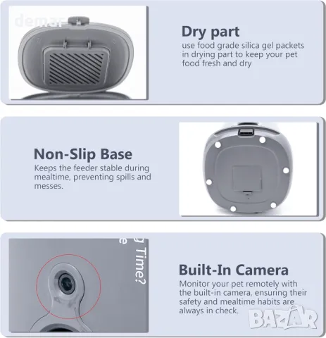 Crystals Автоматична хранилка за котки с камера, 1080 HD нощно виждане, 2-посочно аудио,4 литра,сива, снимка 7 - За котки - 49527039