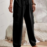 Дамски едноцветни широки панталони с маншети и джобове. Субкултура Gorpcore, снимка 2 - Панталони - 44938880