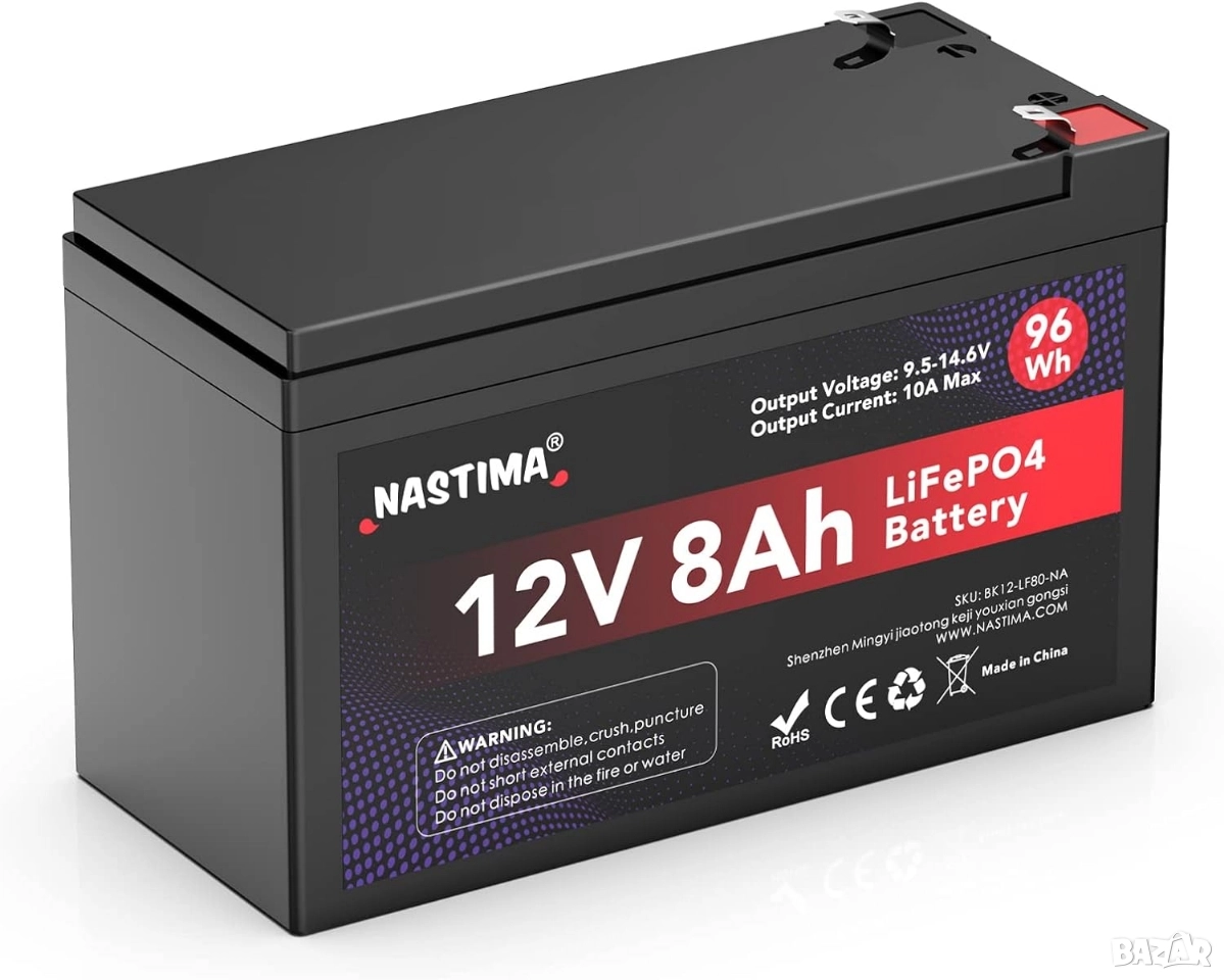 12V 8Ah LiFePO4 Акумулаторна батерия с вграден BMS и голям цикъл (4000+), NASTIMA , снимка 1