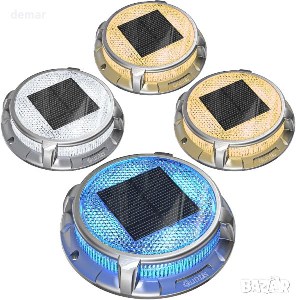 Quntis Solar Deck Lights 4 броя, 3 цвята соларни земни лампи IP68 Водоустойчиви външни градински, снимка 1