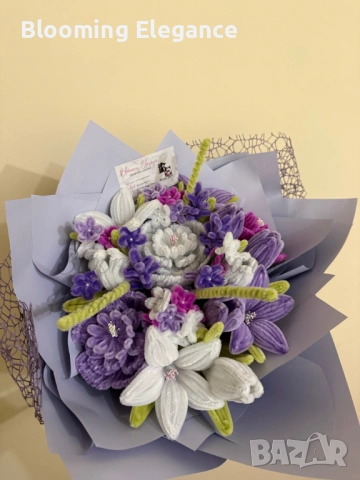 Голям вечен букет в лилаво от плюшена тел, снимка 4 - Декорация за дома - 54174290