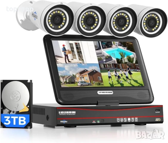 ЧИСТО НОВА с 3TB HDD Hiseeu 5MP 8-канална PoE CCTV СОТ система с 10'' LCD монитор, 4бр. камери...