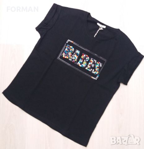 УНИКАЛНА черна тениска с надпис от разноцветни пухкави топченца и сребристи камъчета около тях, снимка 3 - Тениски - 45380808
