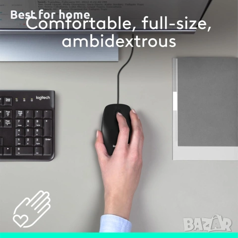 Мишка Logitech M100 с кабел, USB, 3 бутона, 1000 DPI оптично проследяване, за двете ръце - черна, снимка 2 - Клавиатури и мишки - 53683404