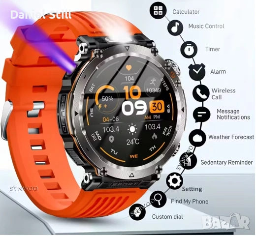 Водоустойчив Мъжки Смарт Часовник с Фенерче 600mAh Голяма Батерия4.32см Голям HD Дисплей, снимка 2 - Смарт часовници - 49358974