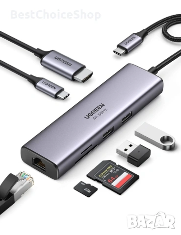 UGREEN 7-в-1 USB C Хъб Етернет Док с 4K HDMI, 100W PD, Съвместим с MacBook, iPhone