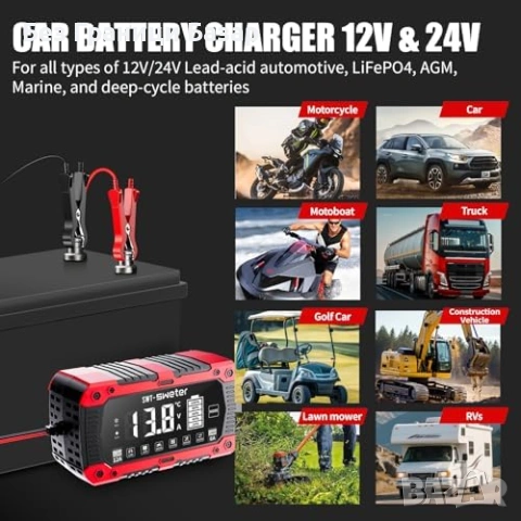 Ново Автоматично зарядно за акумулатор 12V 24V 4Ah-200Ah 12A кола автомобил, снимка 7 - Друга електроника - 54045945