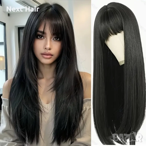 65 см черна права перука с бретон, снимка 2 - Аксесоари за коса - 51985299