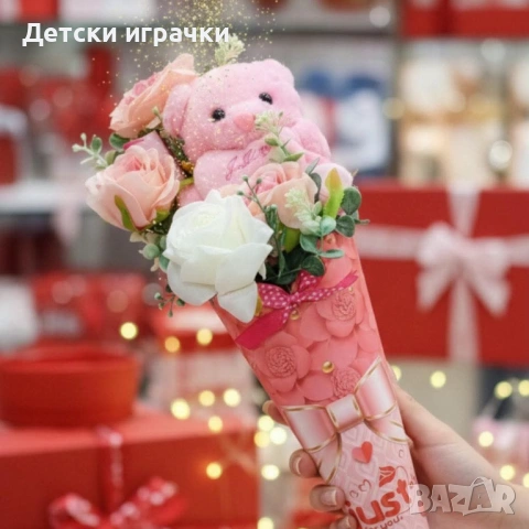 Подаръчен букет с плюшено мече и изкуствени цветя, снимка 2 - Подаръци за жени - 53169683