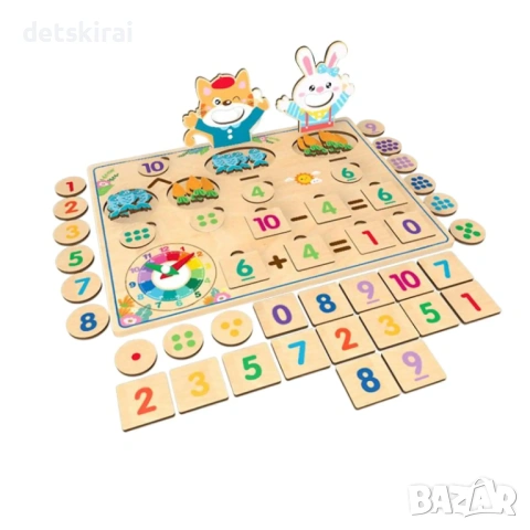 Дървена интерактивна математика със коте и зайче, снимка 4 - Образователни игри - 53858957
