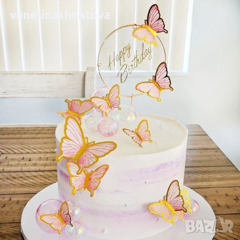 10 броя топери  пеперуди лилави розови златист кант декорация на торта мъфини, снимка 3 - Други - 45870837
