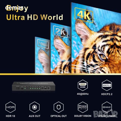 iArkPower 5 входа - 1 изход 4K@60Hz HDMI суич - аудио екстрактор с оптичен и 3,5 mm изход, снимка 4 - Друга електроника - 46363884