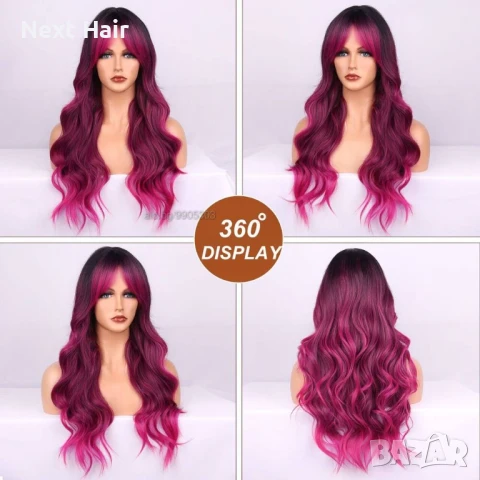 Омбре перука розово червена циклама с черни корени и бретон, снимка 5 - Аксесоари за коса - 51086945