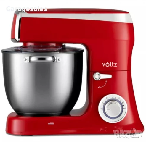 Планетарен миксер с купа от инокс Voltz, 2100W, 7.5 литра, 3 бъркалки, 6 степени + Pulse, LED, Черве