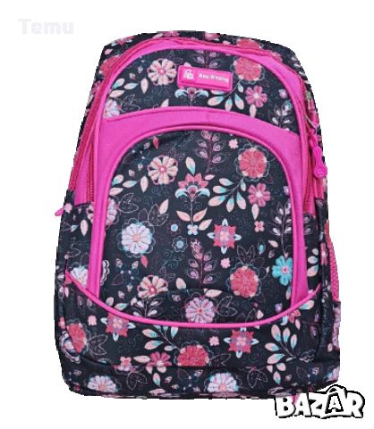Черна ученическа раница за момичета с цветя и розови ципове, снимка 1 - Раници - 46451624
