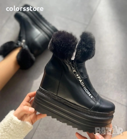 Боти на платформа - черна кожа с пух - BH2055


