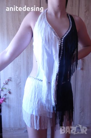 бяло и черно -рокля за спортни танци с ресни и кристали, снимка 13 - Рокли - 46408205
