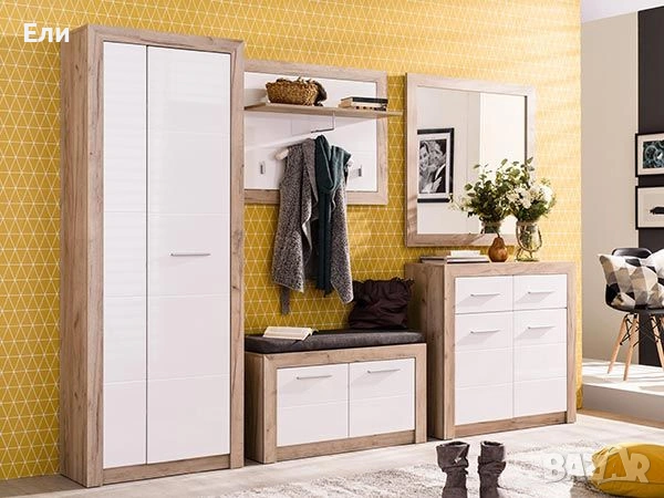 Модулно антре – модерен комплект с гланц бяло и дъб, снимка 6 - Портманта - 54098935