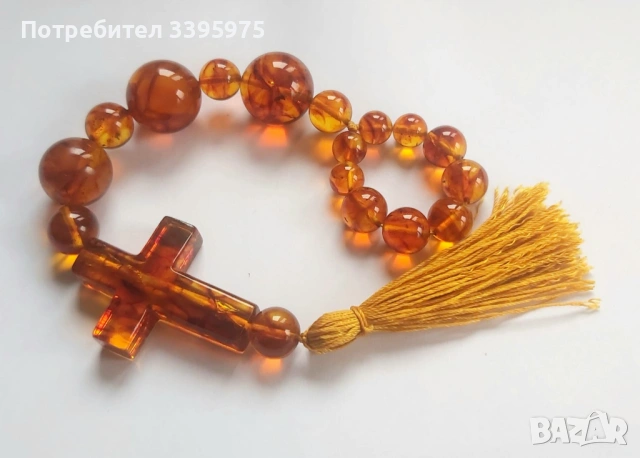 Броеница с кръст от Балтийски кехлибар 24 см, снимка 6 - Бижутерийни комплекти - 53631530