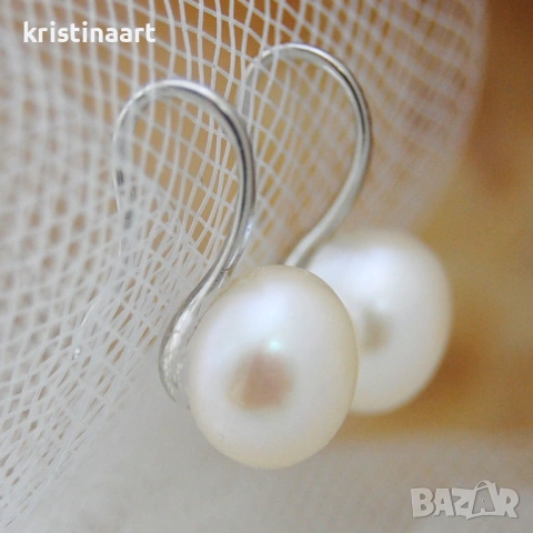 Висящи обеци от естествени бели перли *Хит*10мм, снимка 2 - Обеци - 53885327
