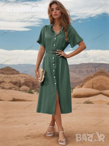 Нов стил, едноредна зелена рокля с ревер, снимка 5 - Рокли - 45198163