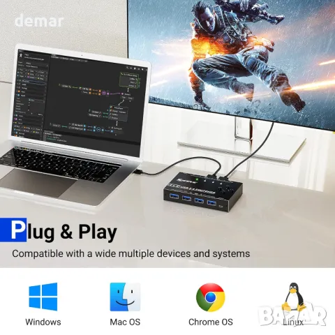 USB 3.0 превключвател 4 компютъра, MLEEDA 4 портов, кабелно дистанционнои, 4 USB 3.0 кабела, снимка 8 - Друга електроника - 48497920