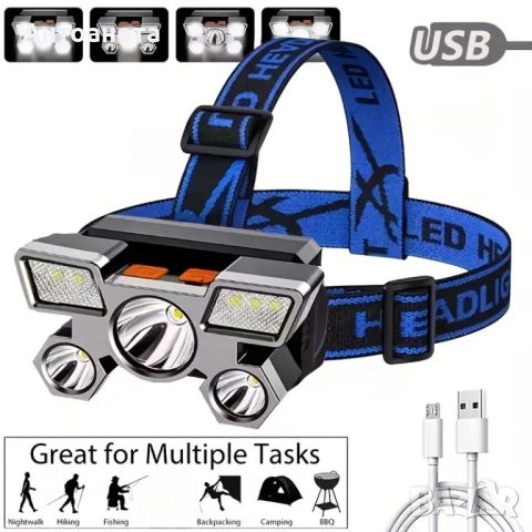 USB акумулаторен челник, 5LED, снимка 2 - Спортна екипировка - 46498083