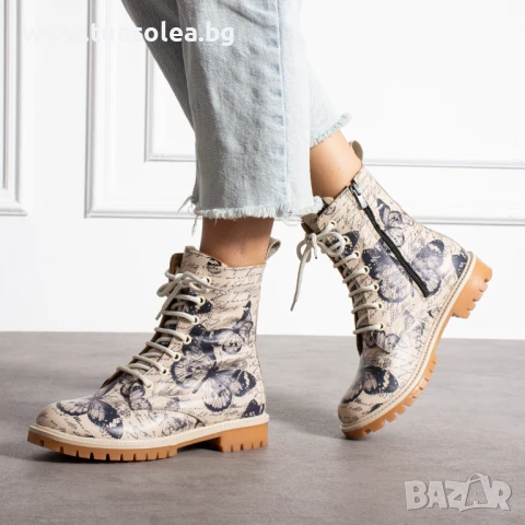 Дамски кубинки естествена кожа модерни бежови с връзки и цип | Марка Tuasolea, снимка 1