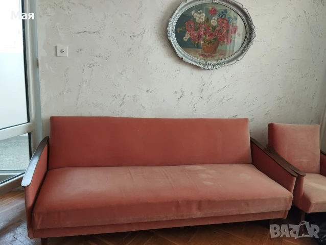 Разтегателен диван с два фотьойла, винтидж, розови, 