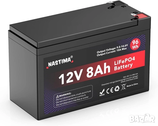 12V 8Ah LiFePO4 Акумулаторна батерия с вграден BMS и голям цикъл (4000+), NASTIMA 