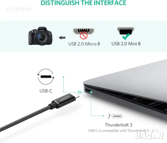 UGREEN USB C към Mini USB кабел, за цифров фотоапарат, MP3 плейър, GPS и др. 100 см, снимка 4 - USB кабели - 46990968