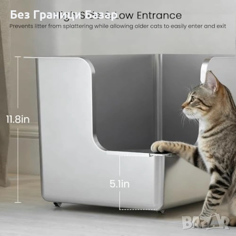 Нова голяма Котешка тоалетна от неръждаема стомана L 58 см с висок борд и колелца, снимка 4 - За котки - 54057553