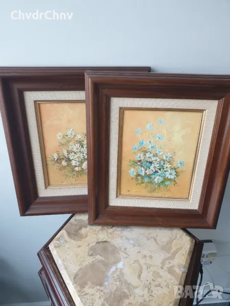 39x34см/2бр картини масло върху платно/натюрморт-цветя/картина в дървена рамка, снимка 1