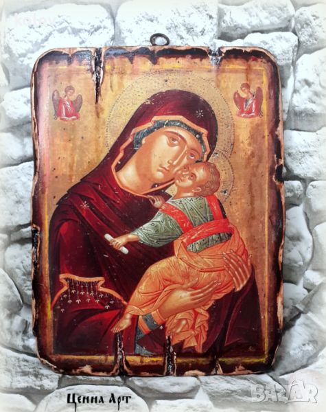 продадена! Икона на света Богородица с Младенеца, Умиление с архангели 25/19 см, снимка 1