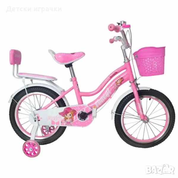 Велосипед с две седалки SIBOG, 14 цола, 3-5 г, светещи помощни колела, багажник, кош, розов, снимка 1