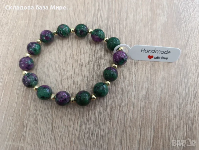 Гривна от естествени камъни Цоизит с рубин (Аниолит), Ластична корда, Ръчна изработка, снимка 1