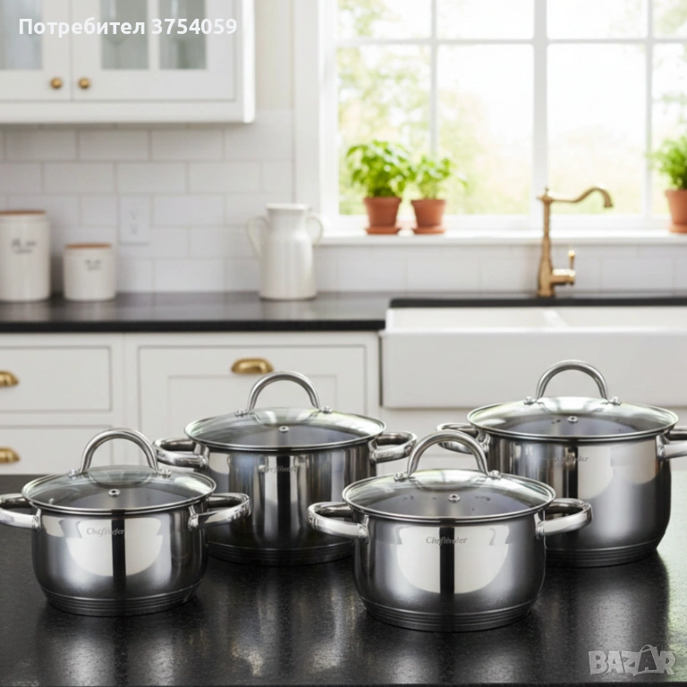Комплект тенджери Cheffinger – 8 части инокс с капаци, за всички видове котлони, снимка 1