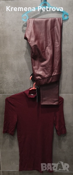 Комплект от Клин от екокожа и Поло от релефен трикотаж с къс ръкав, снимка 1