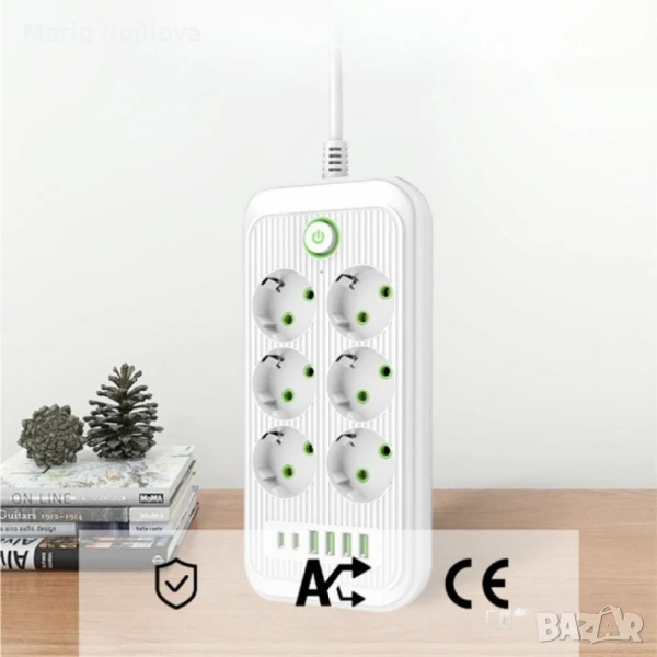 Разклонител 220V с 6 гнезда, 4 USB порта + 2xType C, Digital One SP00985, Бял, 1.5 м, 2500W, с ключ, снимка 1