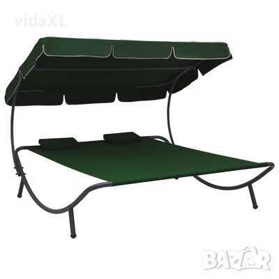 vidaXL Лаундж легло на открито с навес и възглавници, зелено（SKU:313522, снимка 1