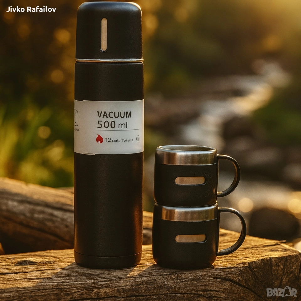 Подаръчен комплект термос с 3 чаши, зелен, розов, сив, снимка 1