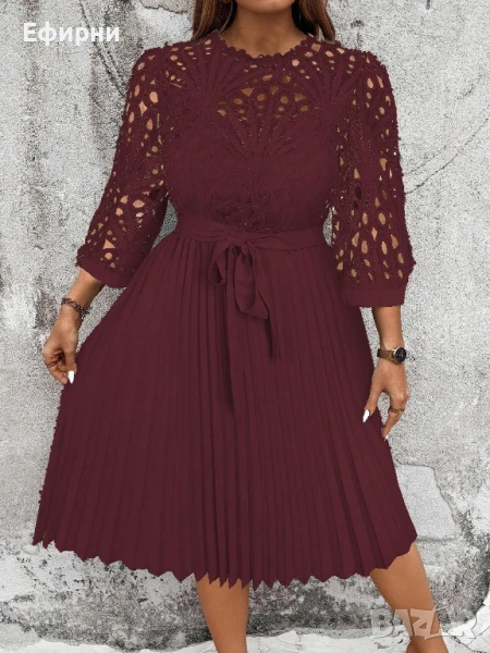 Рокля с дантела, Миди рокля, Рокля бордо, Елегантна рокля, снимка 1