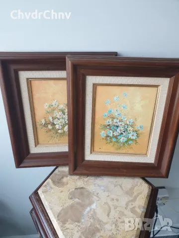 39x34см/2бр картини масло върху платно/натюрморт-цветя/картина в дървена рамка