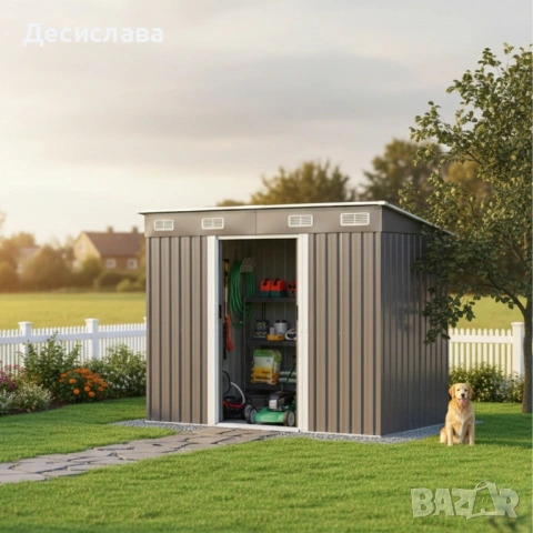 Метална градинска къща за инструменти с вентилация и заключване